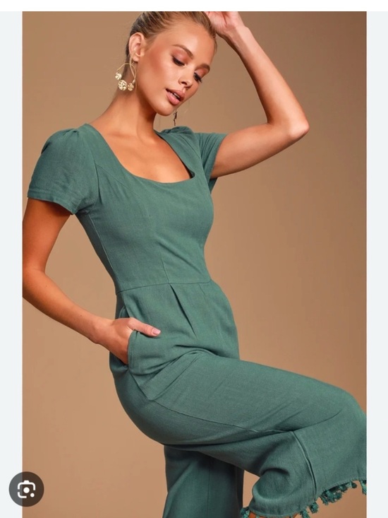 Lulus Pants - Lulus Leisure Olive Green Short Sleeve Linen Blend Tasseled Culotte Jumpsuit